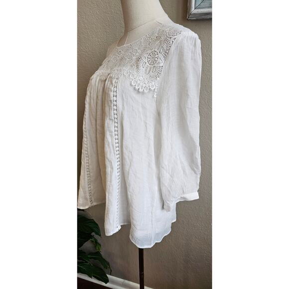 Figueroa & Flower Women Peasant Lace Crochet Neck Top Sz L Cottage Prairie White - Picture 4 of 7